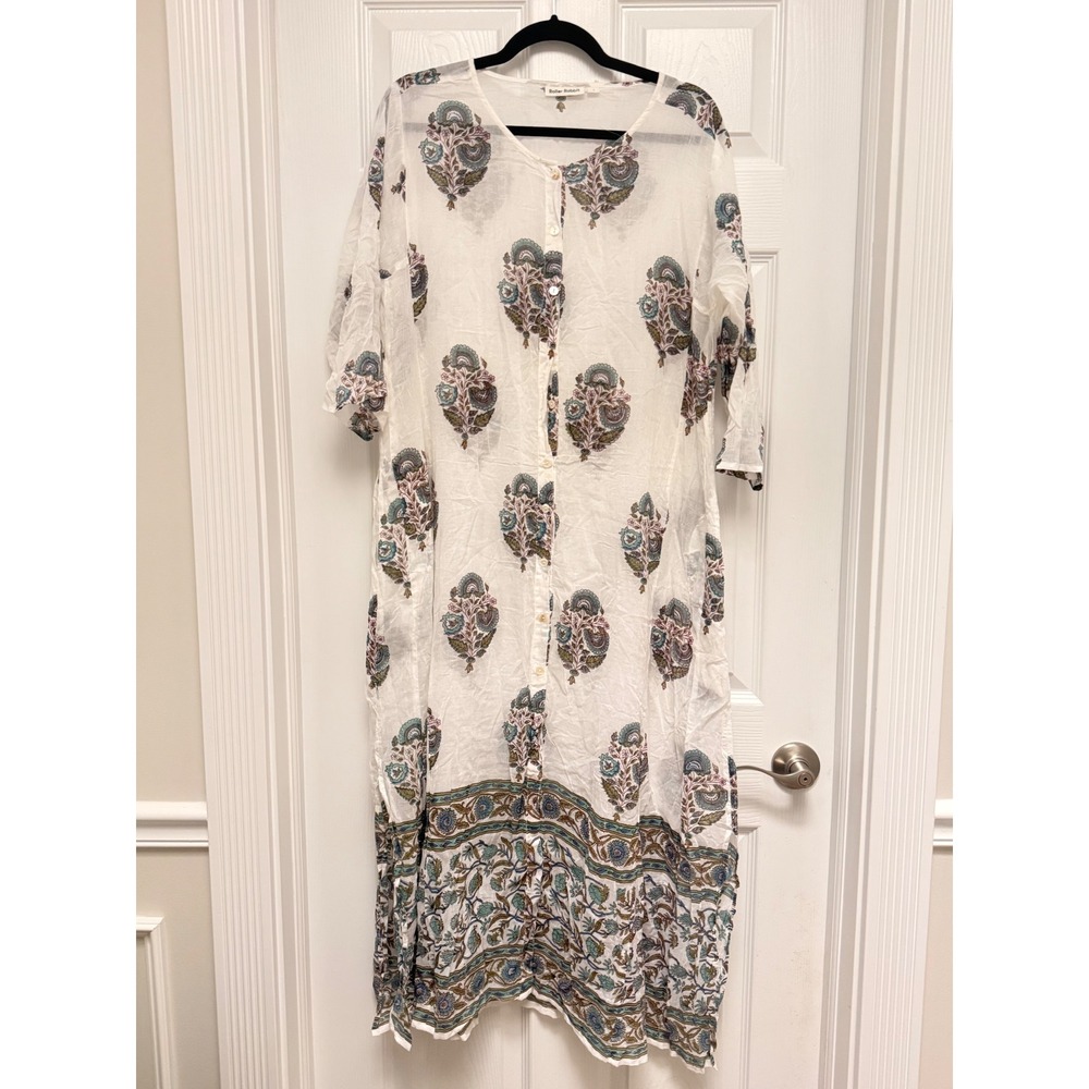 Roller Rabbit White Floral Block Print Cotton Button Front Midi Dress Large